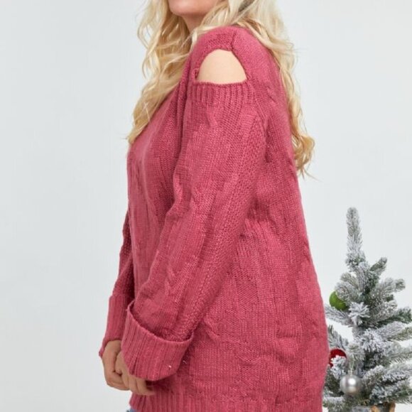 DAVI & DANI Plus Size Pink Knit Sweater with Cold Shoulder Cutouts - Picture 3 of 5
